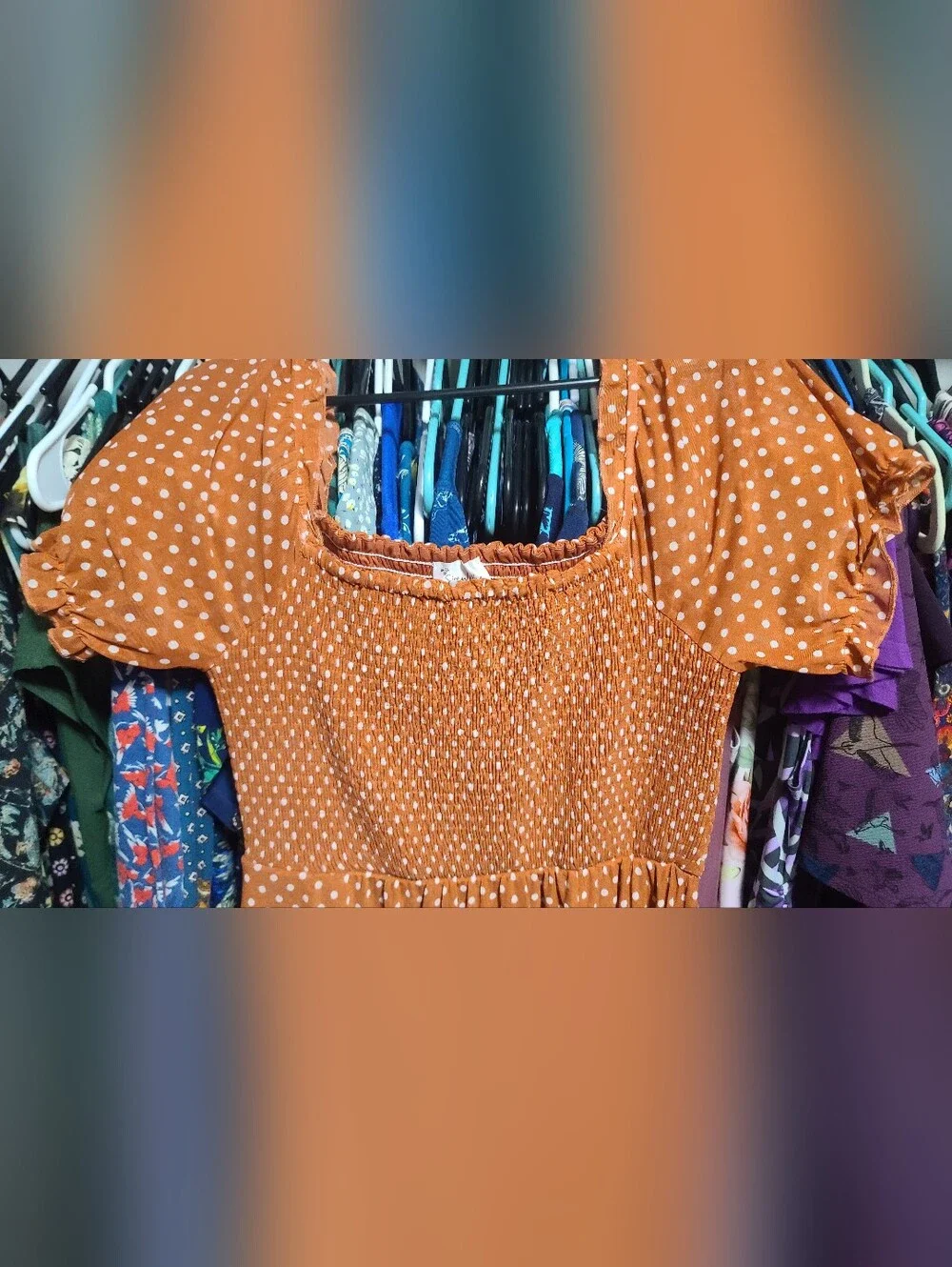 Siren Lily Rust Orange Polka Dot Smocked Top Midi Dress With Slit - Picture 2 of 3